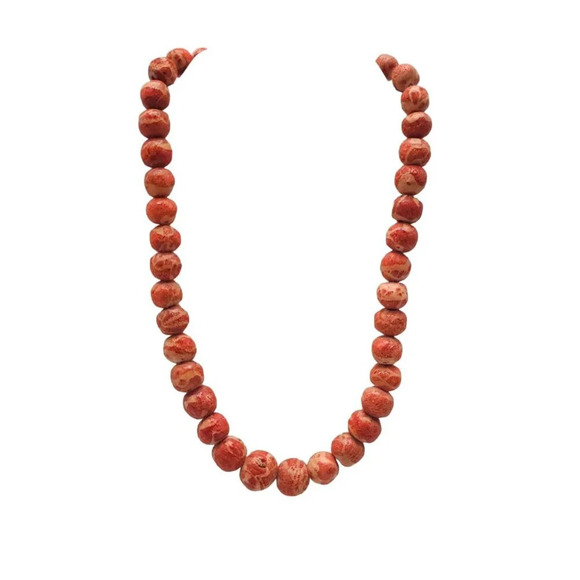 Estate Jewelry - Orange Coral Ball Beaded Necklace Gold Tone Spring Ring Closure Vintage
